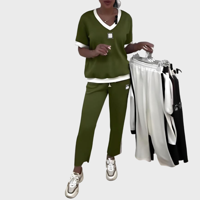 Dairine | Women's Casual Set with Top and Trousers Featuring a V-Neck