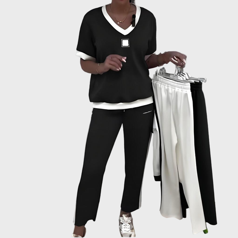 Dairine | Women's Casual Set with Top and Trousers Featuring a V-Neck