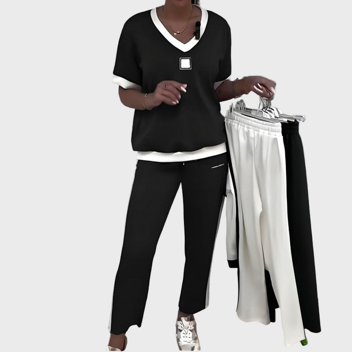 Dairine | Women's Casual Set with Top and Trousers Featuring a V-Neck