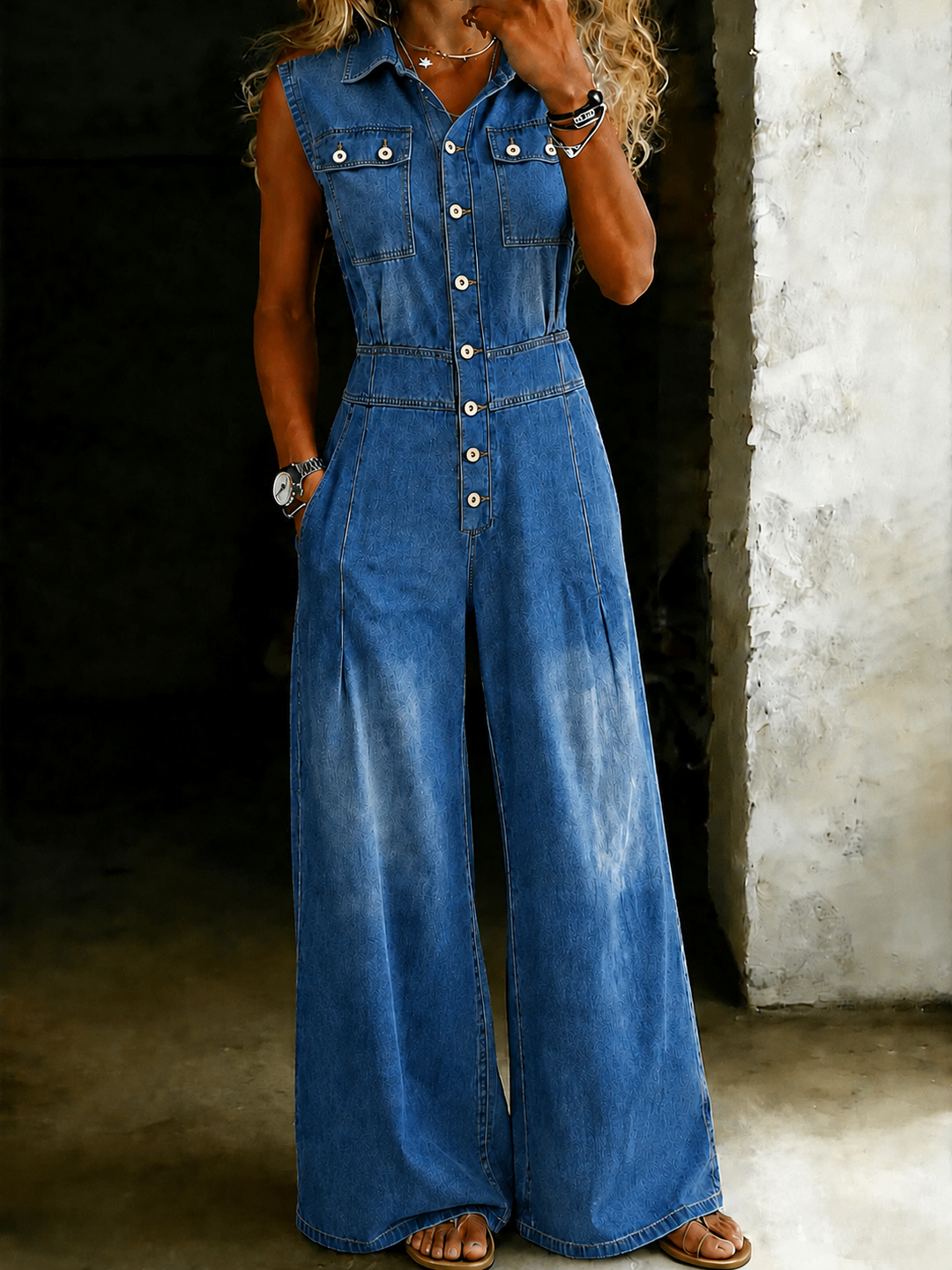 Étaín | Cinched Waist Wide Leg Denim Jumpsuit