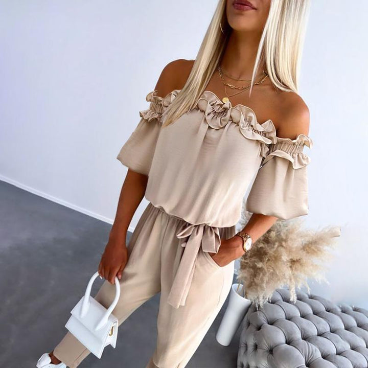 Faolnat | Elegant Jumpsuit with Off-the-Shoulder Design and Waist Tie