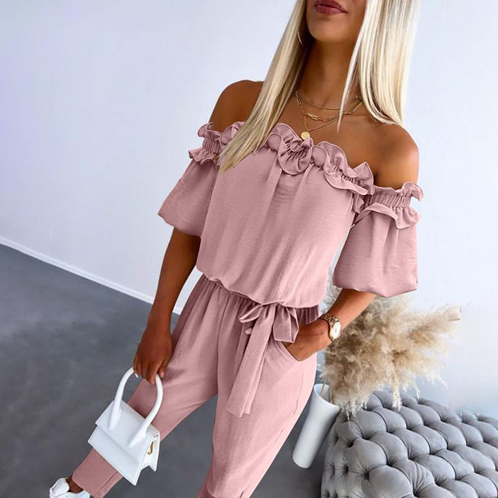 Faolnat | Elegant Jumpsuit with Off-the-Shoulder Design and Waist Tie