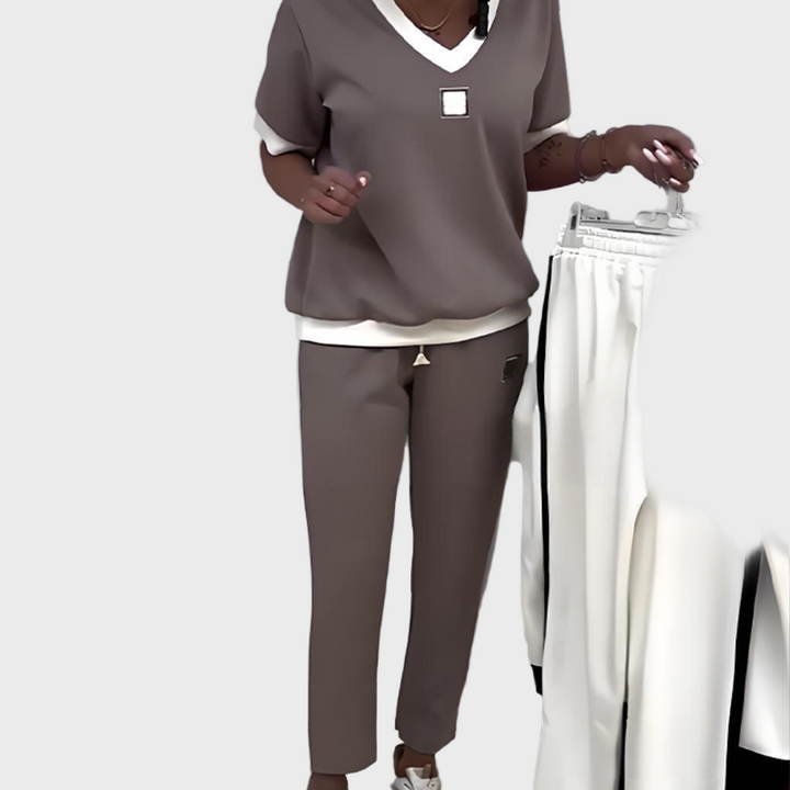 Dairine | Women's Casual Set with Top and Trousers Featuring a V-Neck